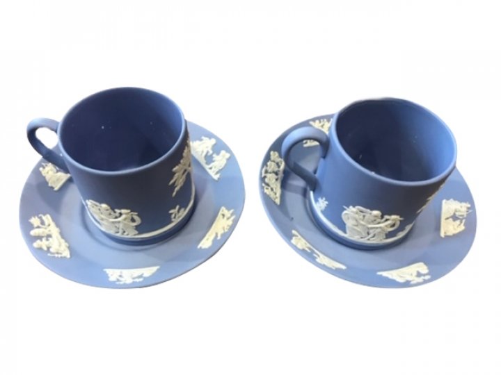 Blue Jasperware flat demitasse cup and saucer. Set of 2