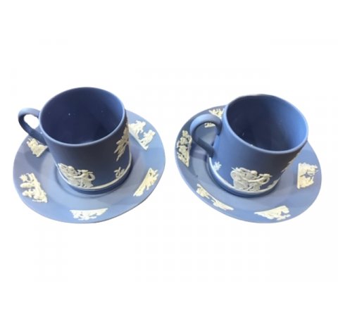 Blue Jasperware flat demitasse cup and saucer. Set of 2